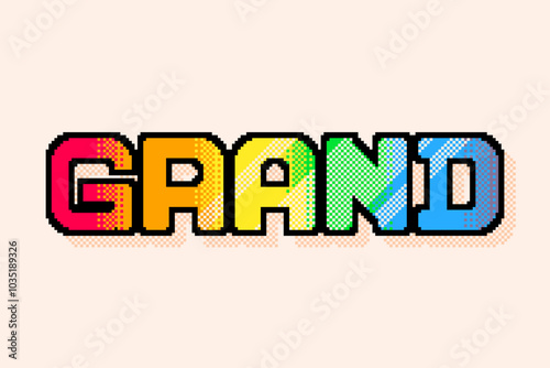 Pixel Art Style Rainbow Dithered Gradient 'Grand' Typography Art with Black Outline, Glossy Light