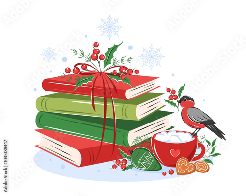 Books with winter holiday decor. Layout design for bookstore, market,  library. Vector illustration