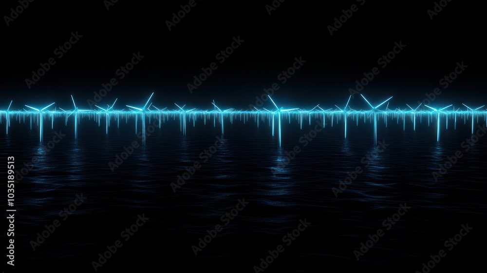 Glowing Wind Turbines in the Ocean at Night. Glowing Wind Turbines in the Ocean at Night.