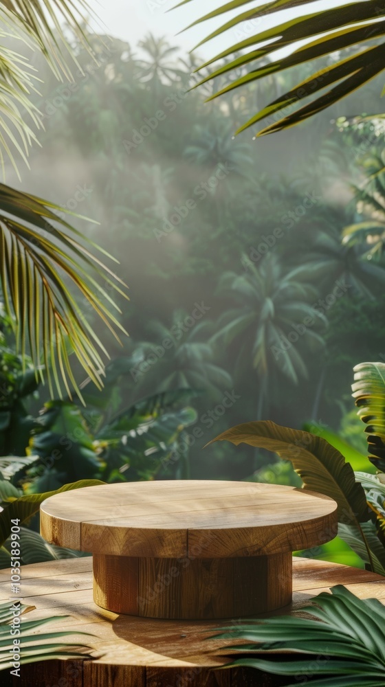 A thick mist surrounds a round wooden table set against a lush tropical forest backdrop, evoking an exotic ambiance. A thick mist surrounds a round wooden table set against a lush tropical forest backdrop, evoking an exotic ambiance.