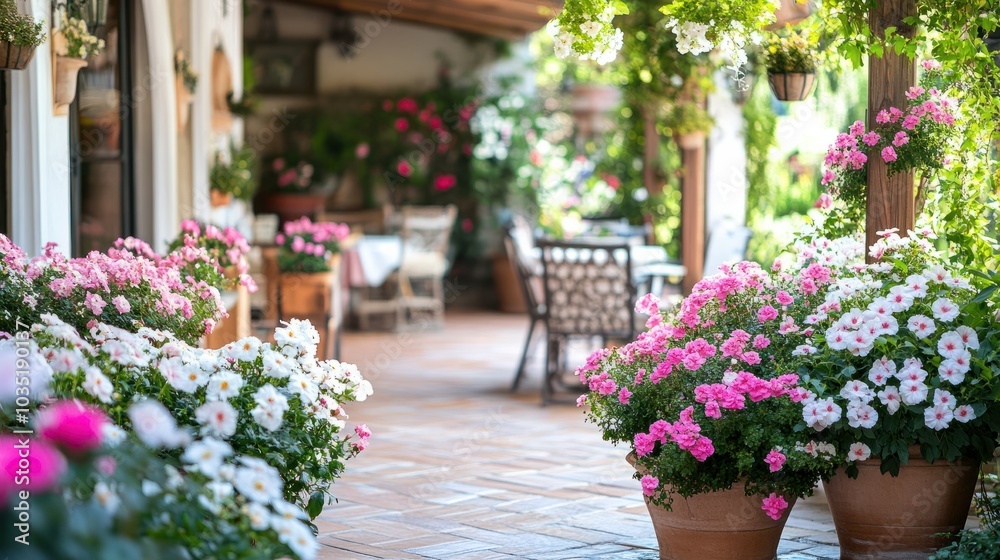 A beautifully designed cafe patio featuring flower pots filled with pink and white flowers, enhancing the natural beauty of the surrounding garden landscape