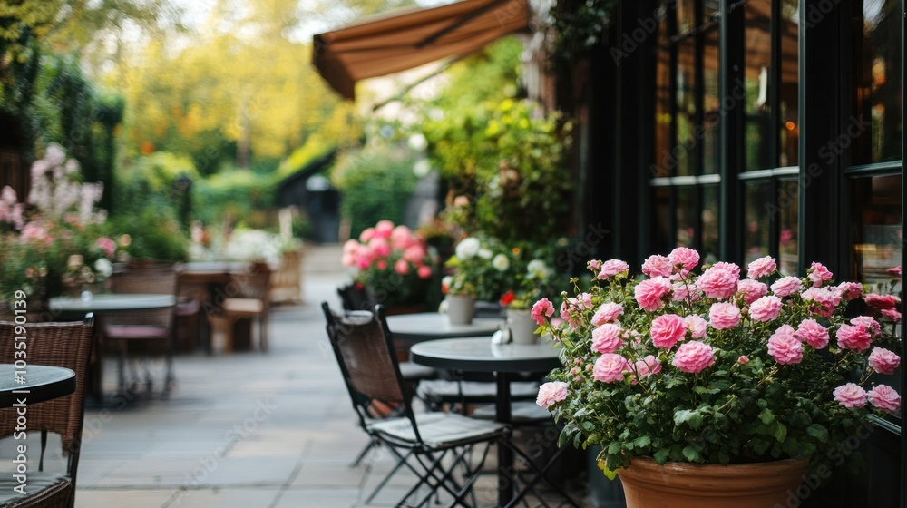 A beautifully designed cafe patio featuring flower pots filled with pink and white flowers, enhancing the natural beauty of the surrounding garden landscape A beautifully designed cafe patio featuring flower pots filled with pink and white flowers, enhancing the natural beauty of the surrounding garden landscape