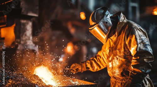A close-up of a steelworker in protective gear, operating a large furnace with molten metal glowing intensely in a foundry, Steel foundry scene