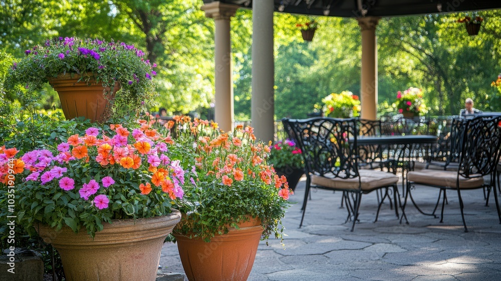 A charming garden cafe with large flower pots, overflowing with vibrant blooms, adding charm to the outdoor seating area with a scenic landscape backdrop A charming garden cafe with large flower pots, overflowing with vibrant blooms, adding charm to the outdoor seating area with a scenic landscape backdrop