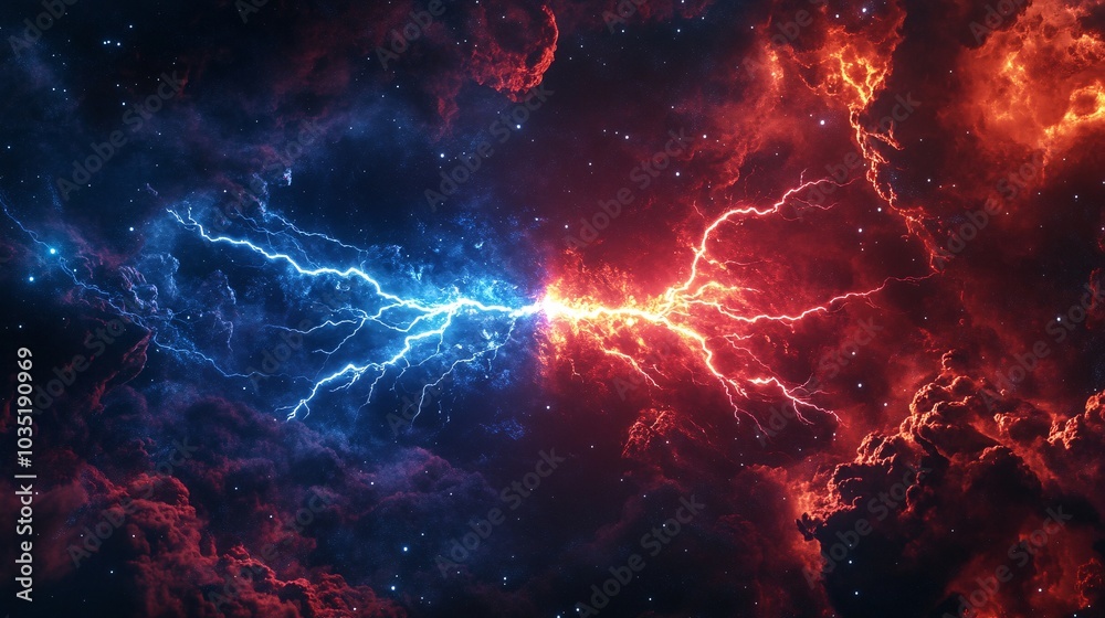 Fototapeta premium A stunning display of cosmic energy, showcasing contrasting blue and red lightning bolts amidst a backdrop of deep space and vibrant colors.