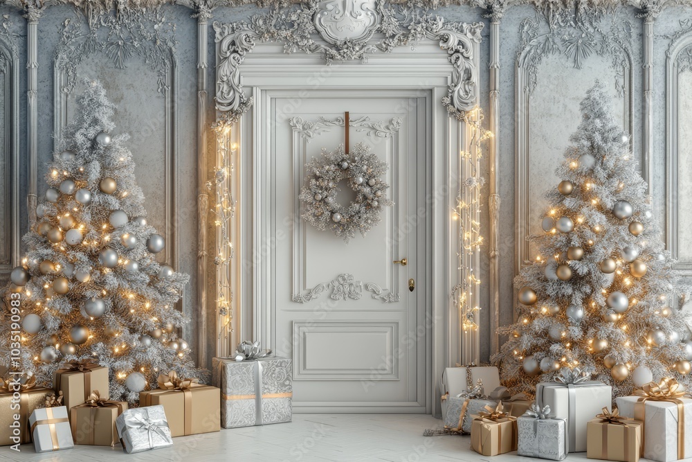 A cozy Christmas atmosphere with lots of snow and Christmas decorations on the front door. Digital painting of the façade with colorful lights underneath the Christmas trees. A cozy Christmas atmosphere with lots of snow and Christmas decorations on the front door. Digital painting of the façade with colorful lights underneath the Christmas trees.