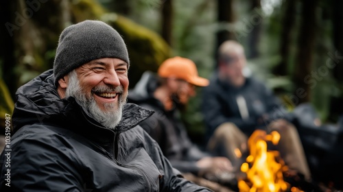 A happy bearded man wearing a beanie laughs by a bonfire in a forest setting, with other men gathered around in the background, creating a warm and joyful outdoor moment in the winter