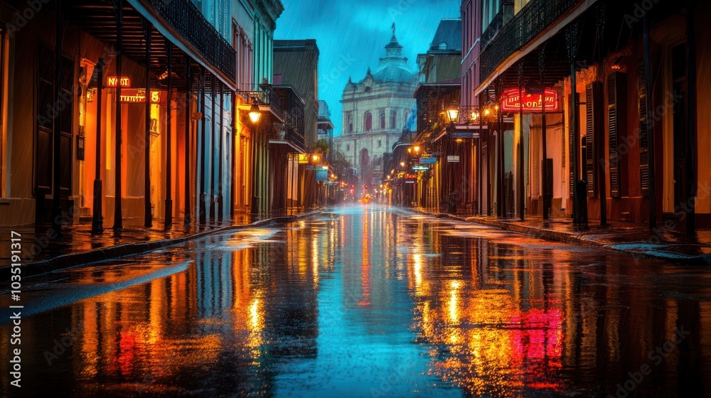 Rainy Night in New Orleans with a Distinctive Church in the Background Rainy Night in New Orleans with a Distinctive Church in the Background