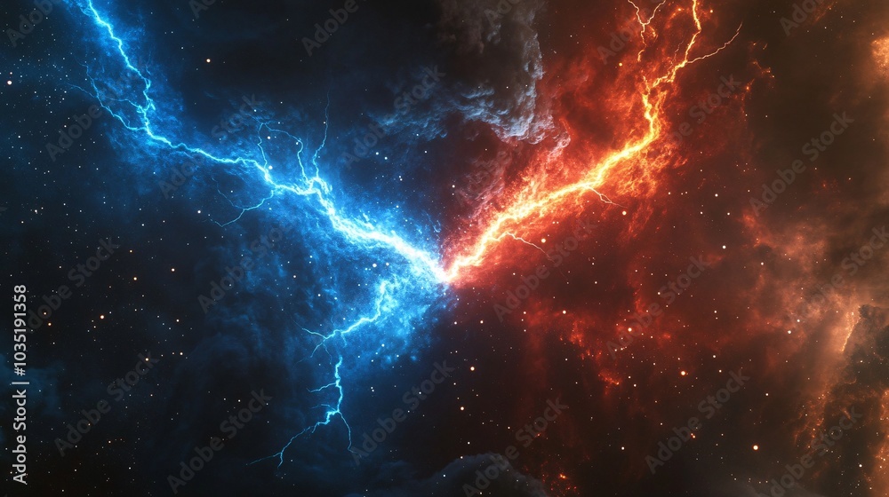 Fototapeta premium A stunning visual of a cosmic phenomenon with electric blue and fiery red lightning bursts, creating a dramatic contrast against a starry backdrop.