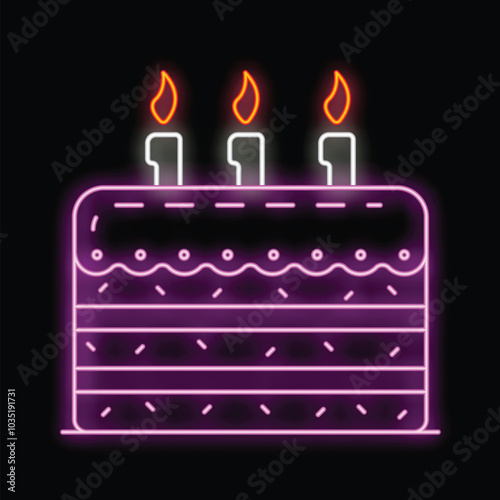 Neon sign of a three layer birthday cake with lit candles glowing purple and orange on a black background