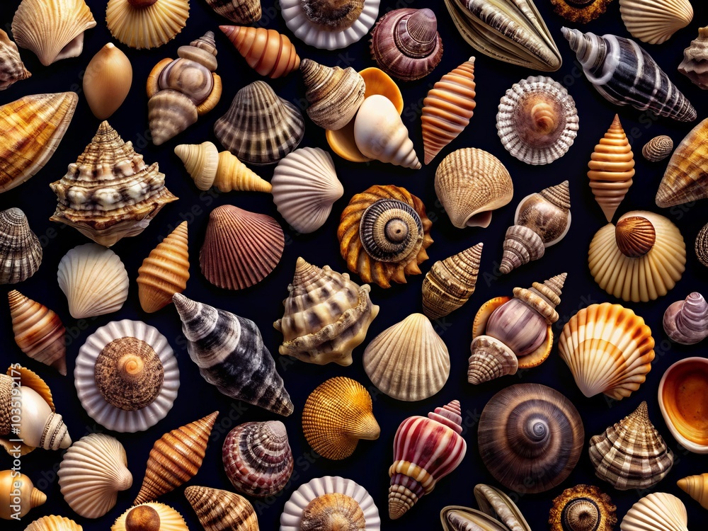 A stunning seashell design on a dark backdrop, ideal for wallpaper and textiles. Embrace the coastal vibe and oceanic aesthetics in your decor choices. A stunning seashell design on a dark backdrop, ideal for wallpaper and textiles. Embrace the coastal vibe and oceanic aesthetics in your decor choices.