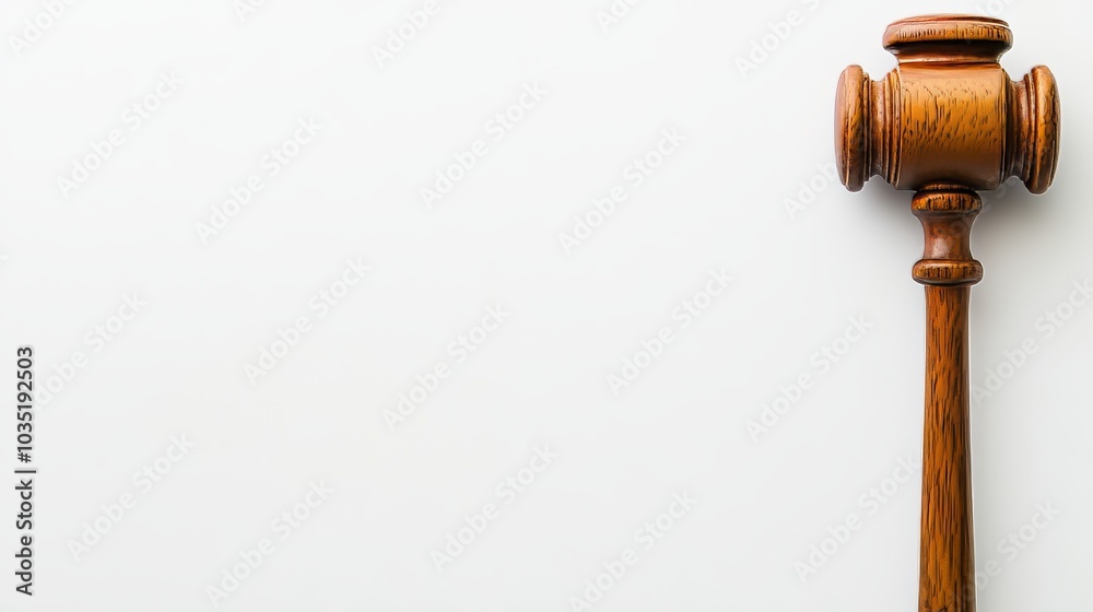 A wooden judge's gavel stands for authority, justice, and the law on a white background A wooden judge's gavel stands for authority, justice, and the law on a white background