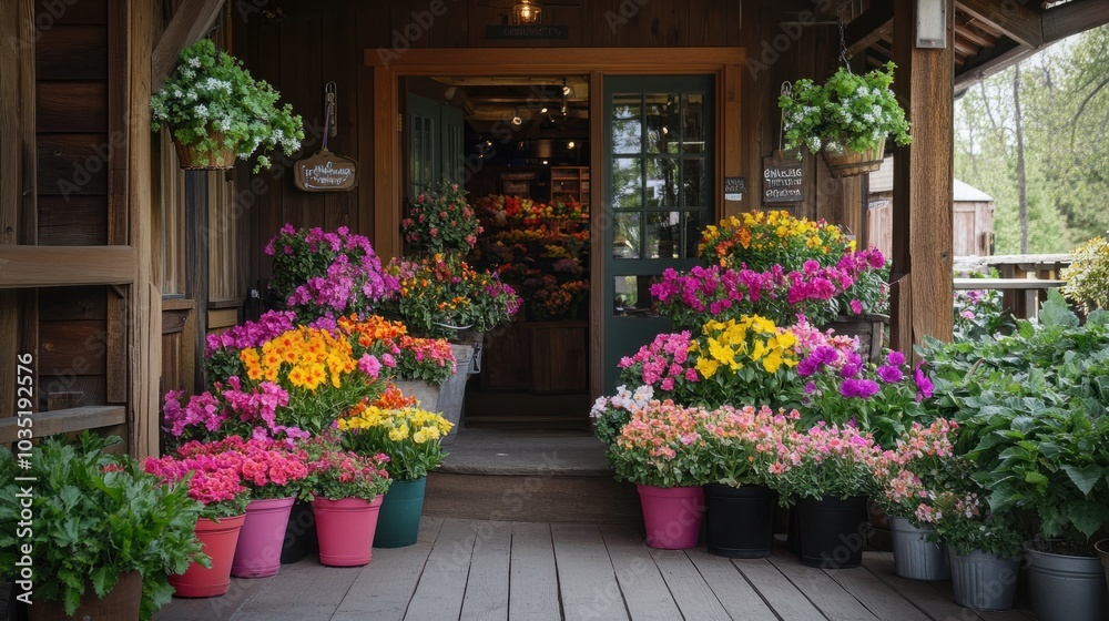 A rustic cafe entrance adorned with beautifully arranged flower pots, showcasing a mix of bright flowers, perfectly complementing the natural surroundings A rustic cafe entrance adorned with beautifully arranged flower pots, showcasing a mix of bright flowers, perfectly complementing the natural surroundings