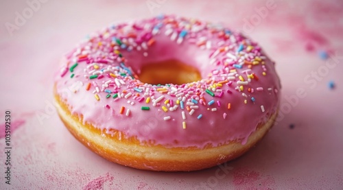 A pink doughnut with sprinkles on top