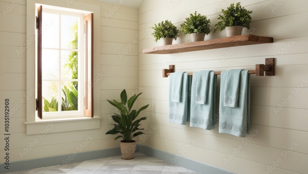 Fototapeta premium The Bathroom Features Light Walls and Wooden Shelves Adorned With Potted Plants