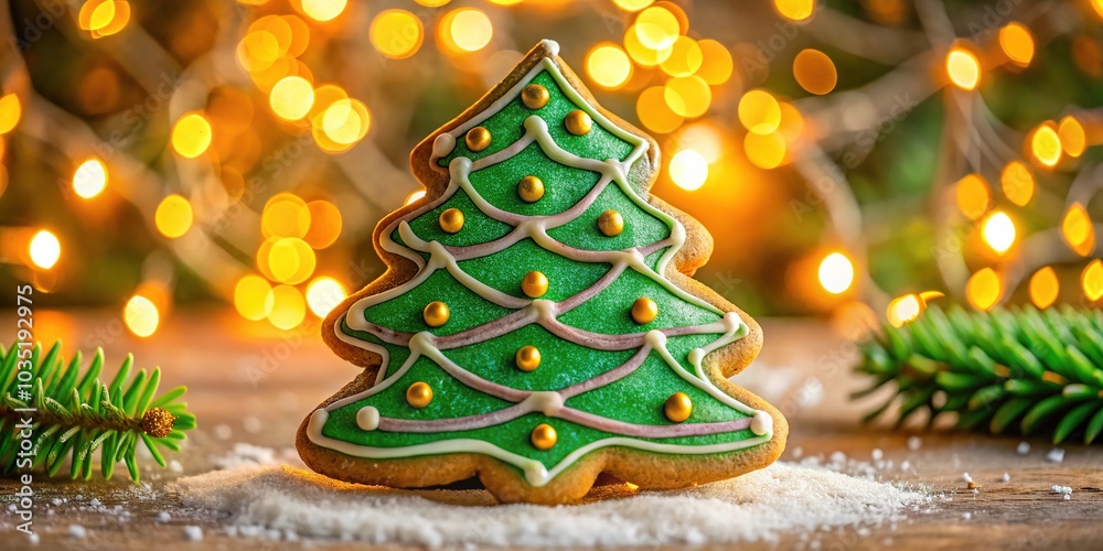 Elegant Christmas Tree Cookie with Green and White Icing and Gold Accents for Seasonal Joy and Festivity Elegant Christmas Tree Cookie with Green and White Icing and Gold Accents for Seasonal Joy and Festivity