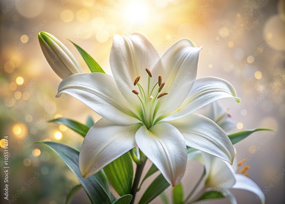 Elegant White Lily in Bloom - A Symbol of Purity and Grace Against a Soft Neutral Background for Nature and Floral Photography Elegant White Lily in Bloom - A Symbol of Purity and Grace Against a Soft Neutral Background for Nature and Floral Photography