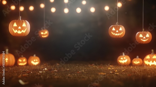 Description Spooky Halloween scene with glowing jack-o'-lanterns hanging amidst warm lights, creating a festive atmosphere.