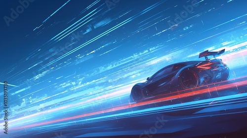 racing car speeding on wireframe road. Glowing neon blue line lights, sporty, sleek design. Abstract futuristic design