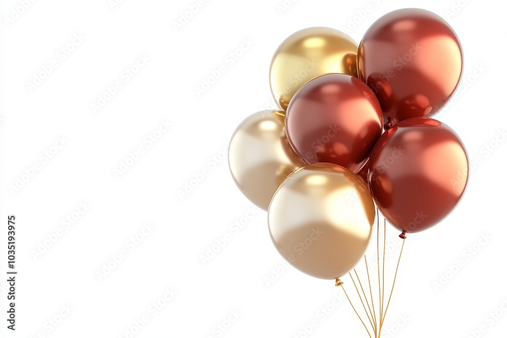 On a white background, 3D rendering of red and gold balloons On a white background, 3D rendering of red and gold balloons