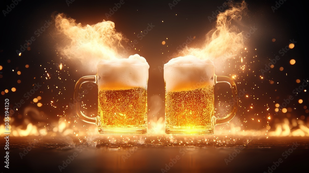 Two frothy beer mugs clink together, releasing a burst of steam and showcasing golden liquid, set against a dark background with glowing particles.