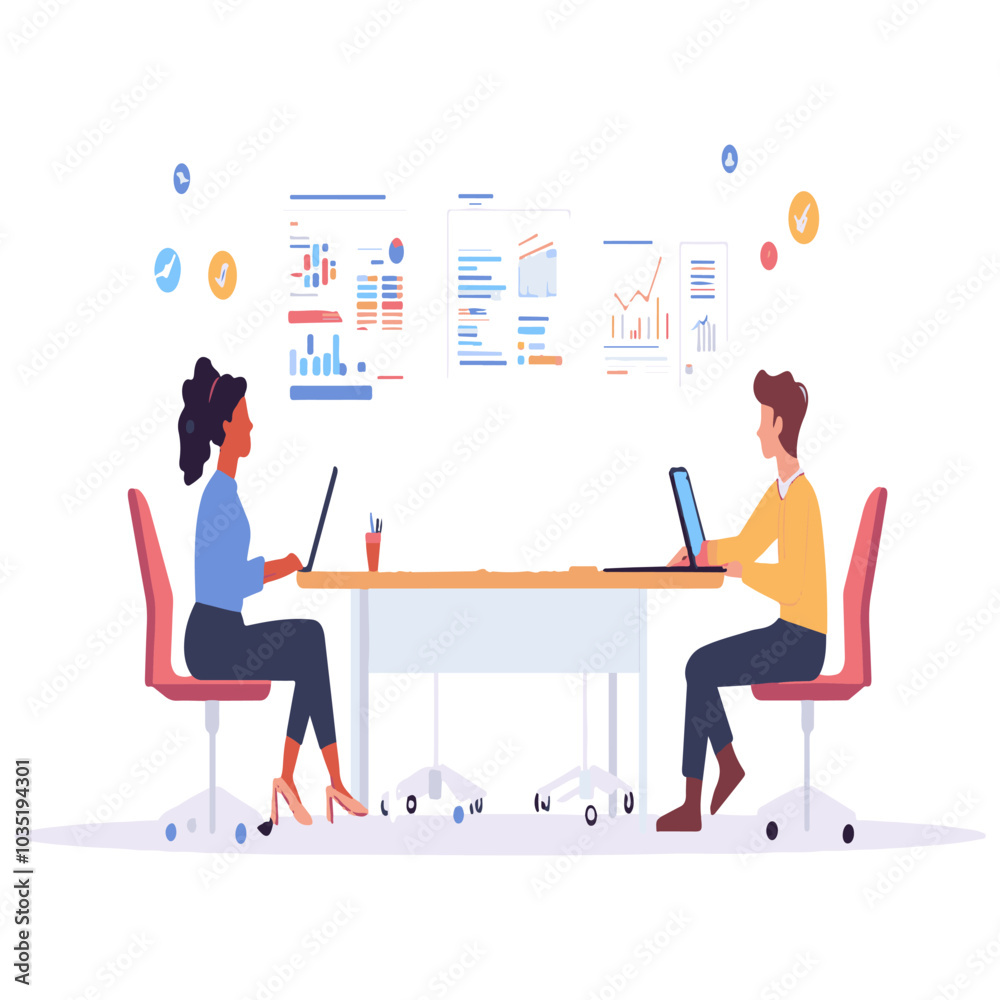 Flat vector illustration of a team working together in an office, with casual people using laptops and presenting graphs on a screen. Flat vector illustration of a team working together in an office, with casual people using laptops and presenting graphs on a screen.