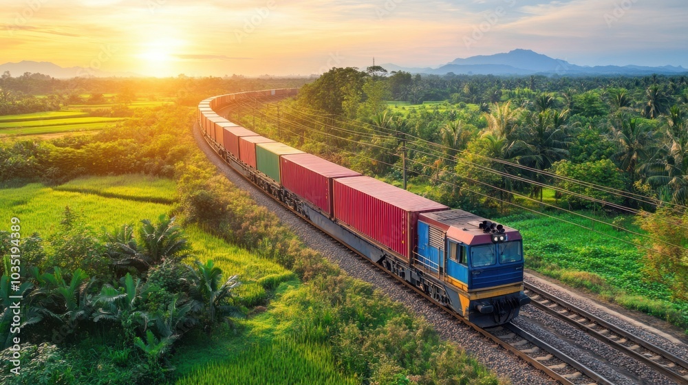 Freight train loaded with shipping containers passing through a rural landscape, transportation logistics Freight train loaded with shipping containers passing through a rural landscape, transportation logistics