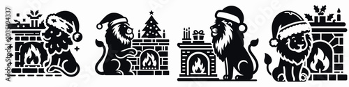 Lion in santa hat by the fireplace