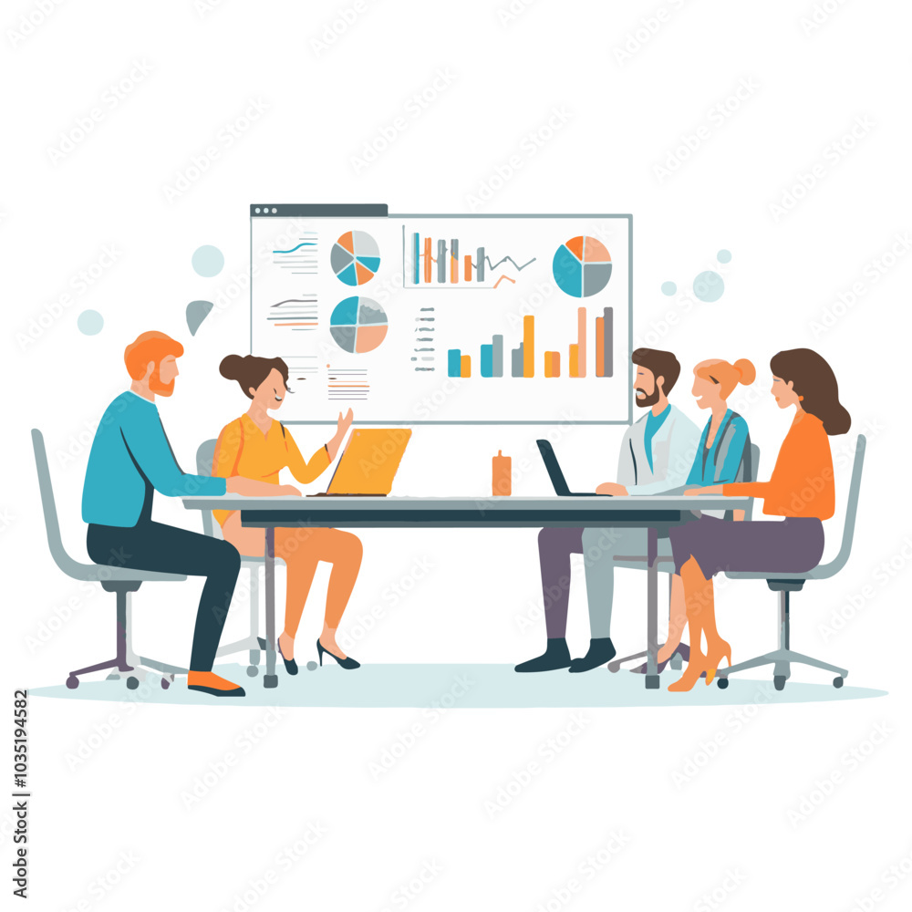 Flat vector illustration of a team working together in an office, with casual people using laptops and presenting graphs on a screen. Flat vector illustration of a team working together in an office, with casual people using laptops and presenting graphs on a screen.