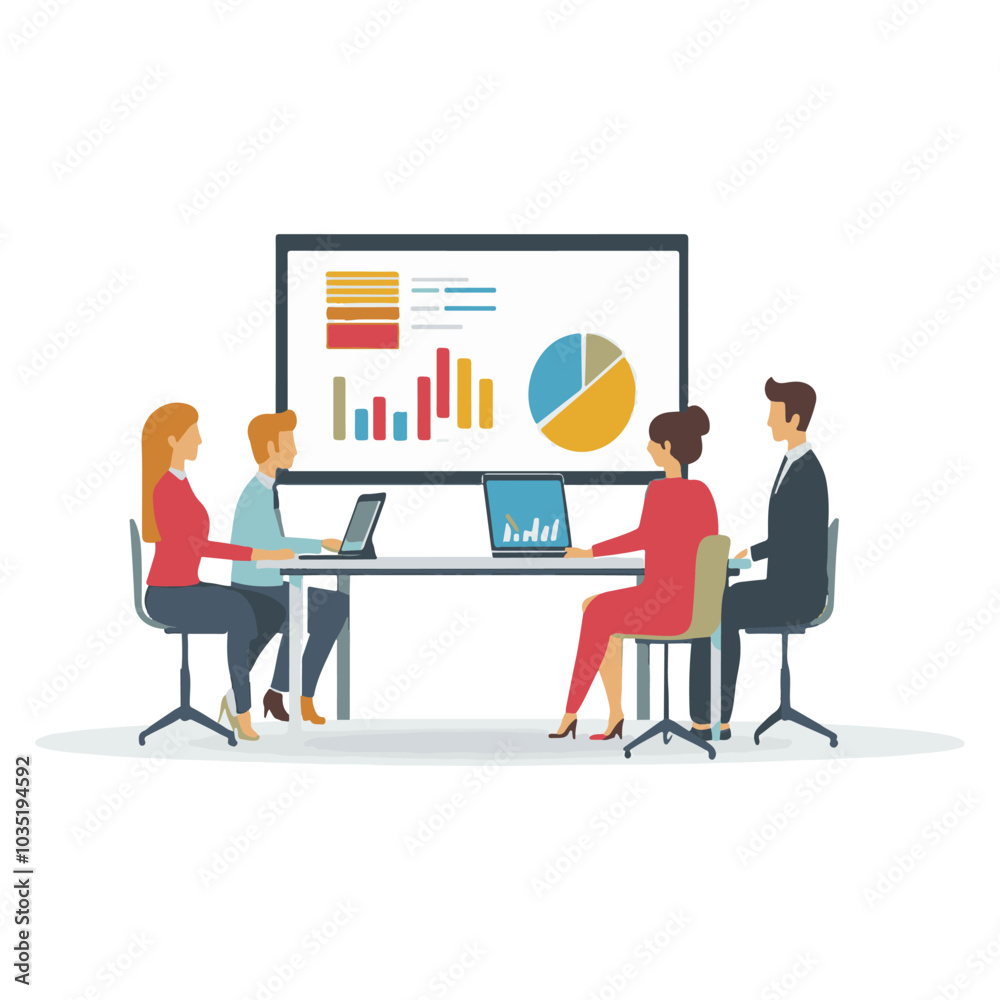 Fototapeta premium Flat vector illustration of a team working together in an office, with casual people using laptops and presenting graphs on a screen.