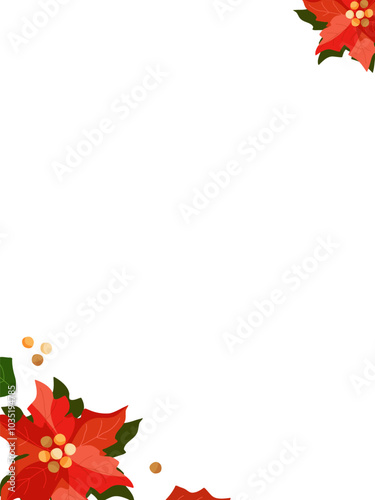 Template with poinsettia flowers on white background and copy space. Christmas vector illustration for poster, greeting card.