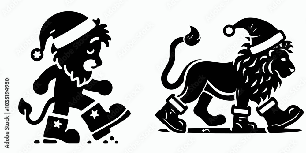 Lion in santa hat stumbling in giant christmas boots Lion in santa hat stumbling in giant christmas boots