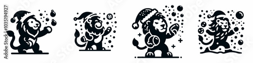 Lion in santa hat throwing snowballs