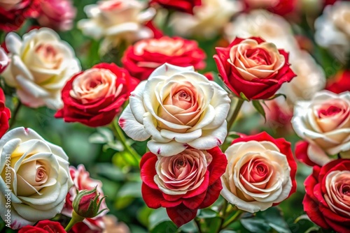 Beautiful tilt-shift photography highlights the captivating pattern of white and red roses in full bloom, celebrating nature's artistry and vibrant floral elegance for striking visuals.