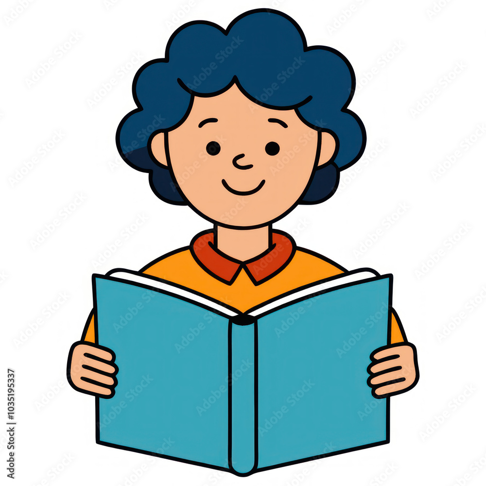 Young Child With Curly Hair Reading a Blue Book While Smiling on a White Background Young Child With Curly Hair Reading a Blue Book While Smiling on a White Background