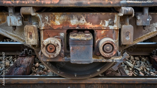 A close-up of a train's coupler and buffers, with textures of grease and metal, Railway setting with mechanical elements