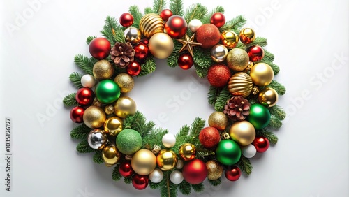 Brighten your holiday spirit with this decorative wreath featuring red, white, golden, and green baubles. Perfect for Christmas celebrations and winter festivities, bringing cheer to any space.