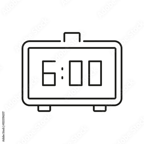 Digital Alarm Clock Showing 6:00 Line Icon. Morning Wake Up Time Display Outline Symbol. Editable Stroke. Isolated Vector Illustration