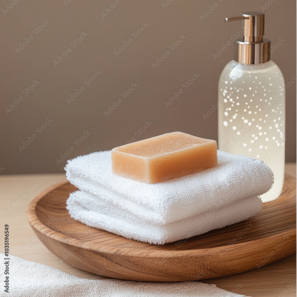 Relaxing spa setup with soft towels, a natural stone, and handmade soap on a minimalist beige background Relaxing spa setup with soft towels, a natural stone, and handmade soap on a minimalist beige background