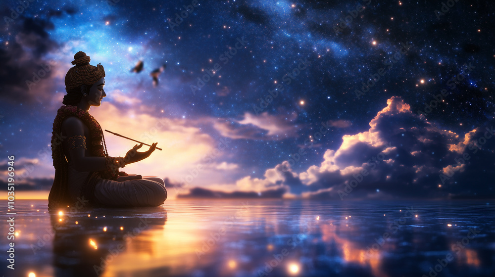 Lord Krishna in Ethereal Divine Form A mystical and serene portrayal of Lord Krishna, seated in a meditative posture on a calm reflective lake. The night sky illuminates his divine Lord Krishna in Ethereal Divine Form A mystical and serene portrayal of Lord Krishna, seated in a meditative posture on a calm reflective lake. The night sky illuminates his divine