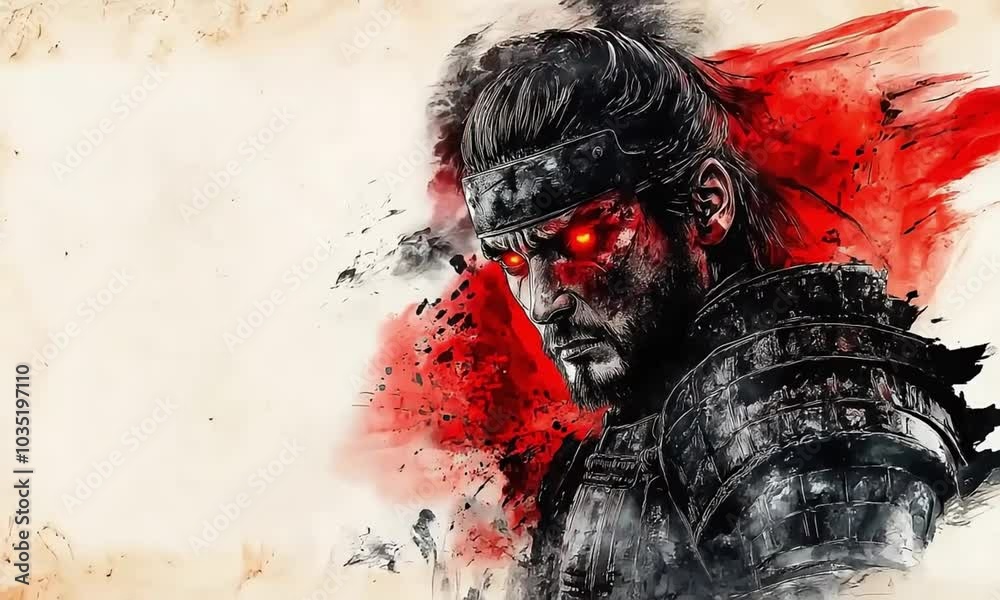 A samurai warrior with glowing red eyes standing in front of a red and ...