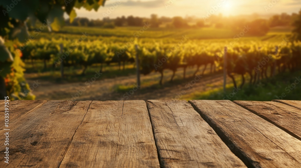 Rustic Wooden Table Top Overlooking Lush Vineyard at Sunset Rustic Wooden Table Top Overlooking Lush Vineyard at Sunset