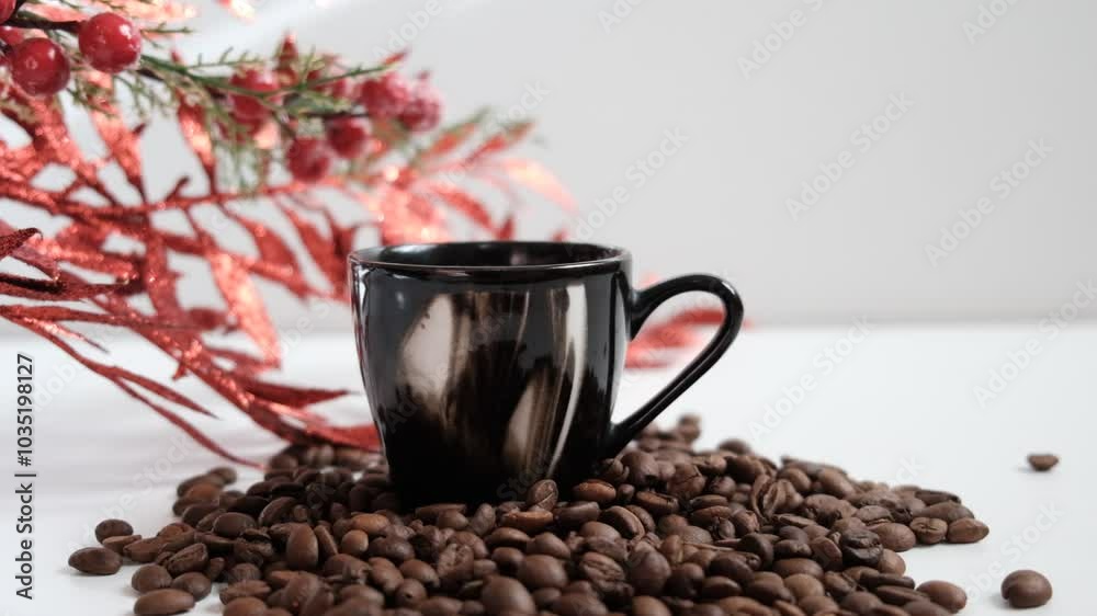 Black cup of coffee and Christmas decorations, white background. Freshly harvested coffee beans and aromatic coffee. Black cup of coffee and Christmas decorations, white background. Freshly harvested coffee beans and aromatic coffee.