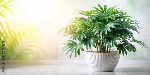 Capture the beauty of double exposure art with a broad lady palm plant in a white pot, highlighting Rhapis Excelsa as chic indoor decor. photo