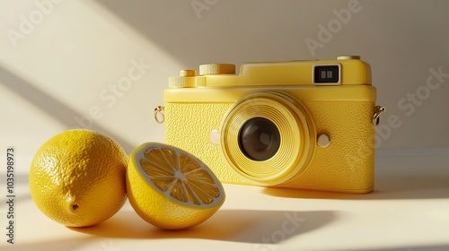 A yellow camera and two lemons on a white background with sunlight shining through a window. photo