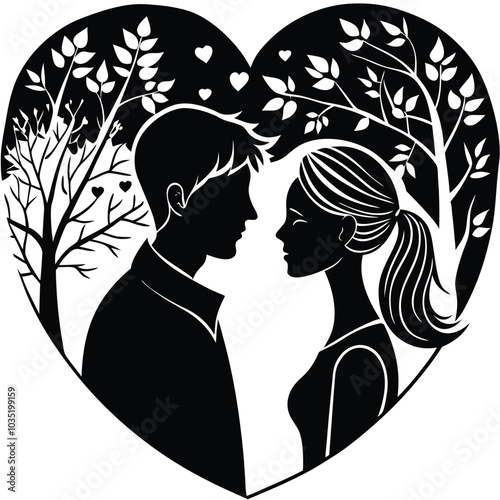 Couple of lover’s creative embracing silhouette. Vector illustration on white background