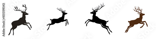 Collection of minimalist black and white silhouette depicting graceful leaping deer stags in a natural forest landscape setting  Dynamic action poses showing the power speed photo