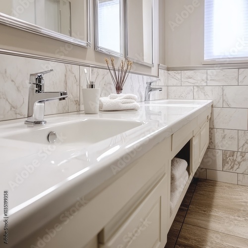 Bright white bathroom with double vanity sink, cabinets and modern upscale faucet design.