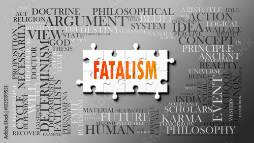 Fatalism as a complex subject, related to important topics. Pictured as a puzzle and a word cloud made of most important ideas and phrases related to fatalism. ,3d illustration