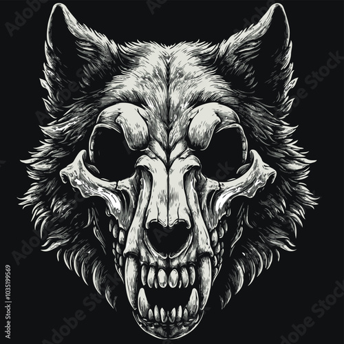 metal rock album cover, wolf skull hand drawn